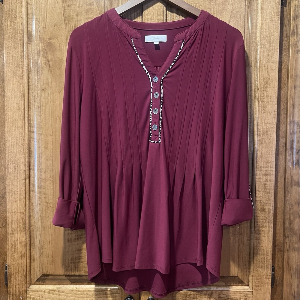 New Directions Womens Solid Maroon 3/4 Sleeves‎ V-Neck Top Size Large Leopard